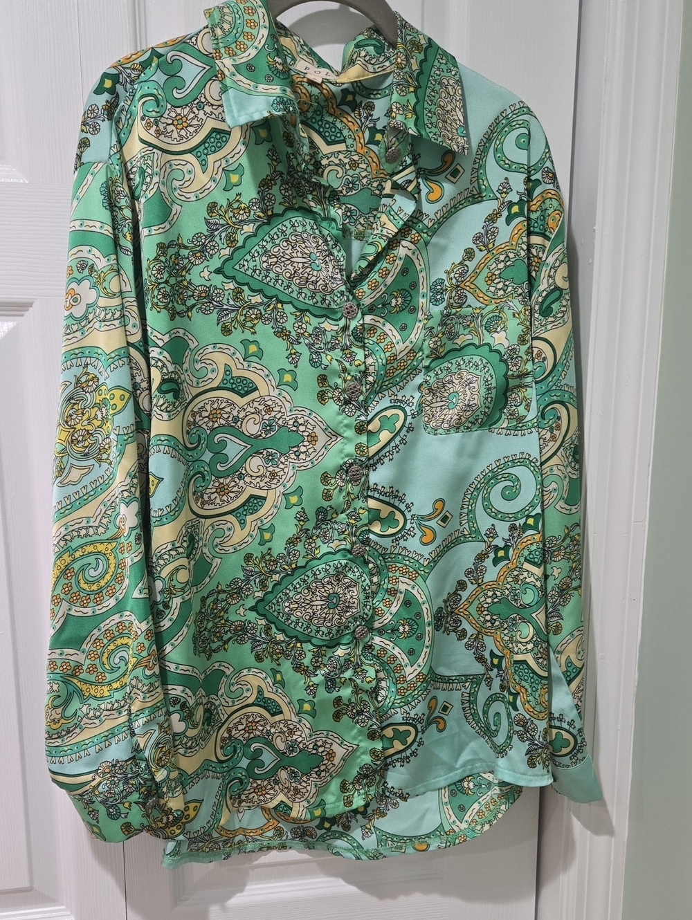 POL Mint Green Paisley Button-Down Blouse